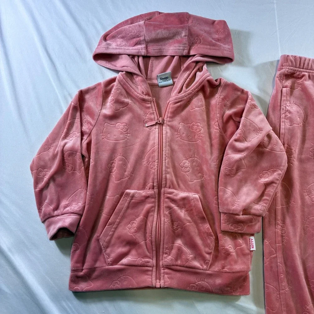 Hello‎ Kitty Sanrio Pink Velour Track Suit Hoodie & Pants Set Kids 5-6Yrs